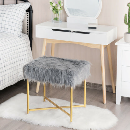 Elegant Ottoman with Gold Metal Legs and Faux Fur Upholstery - Grey