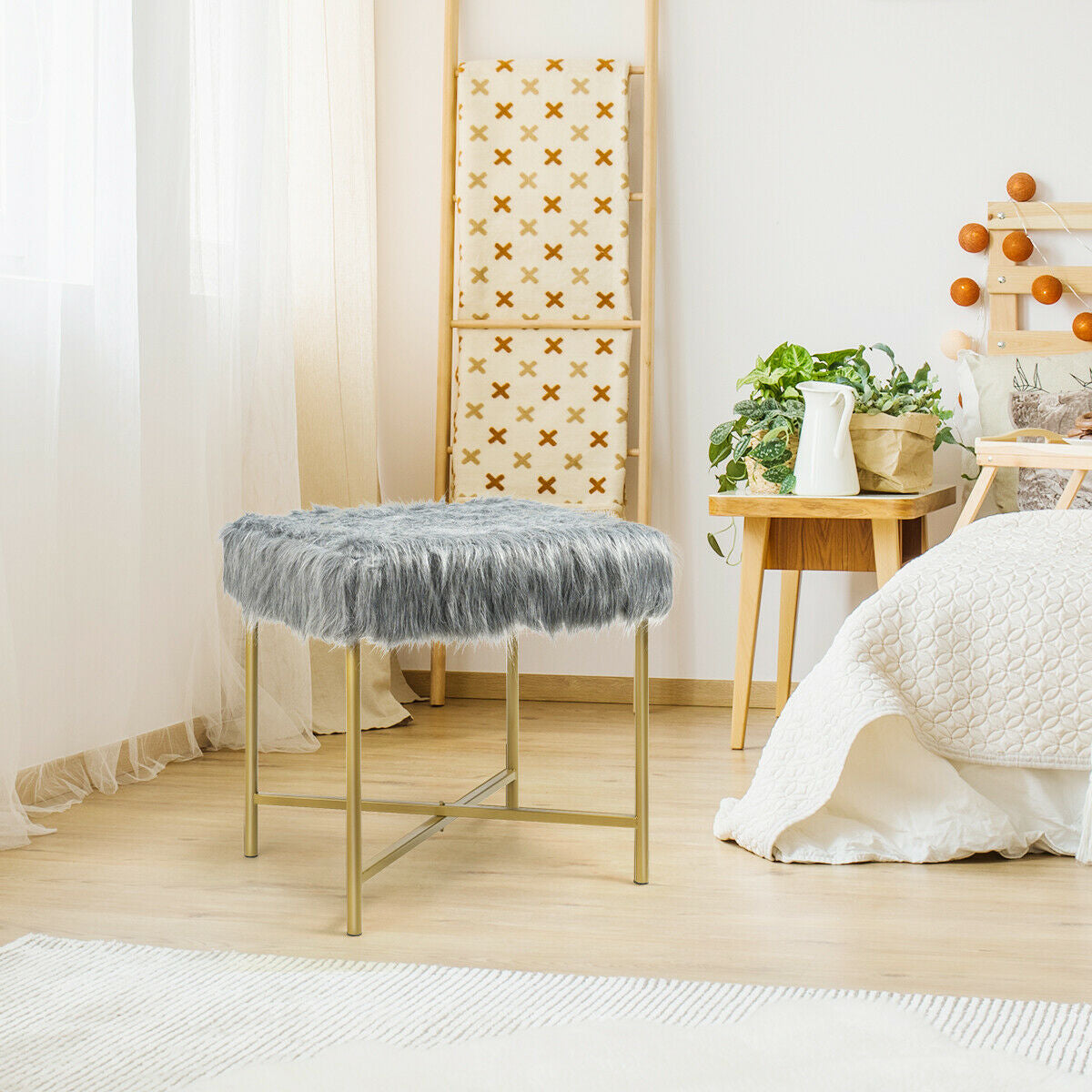 Elegant Ottoman with Gold Metal Legs and Faux Fur Upholstery - Grey