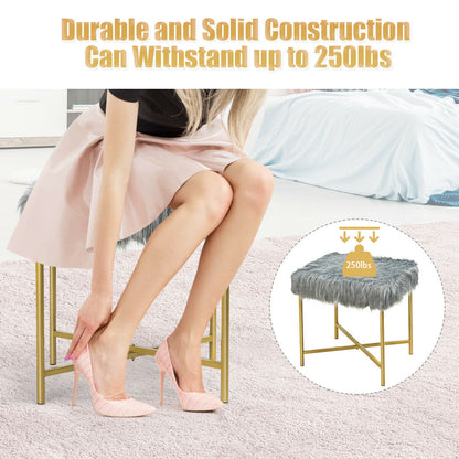 Elegant Ottoman with Gold Metal Legs and Faux Fur Upholstery - Grey
