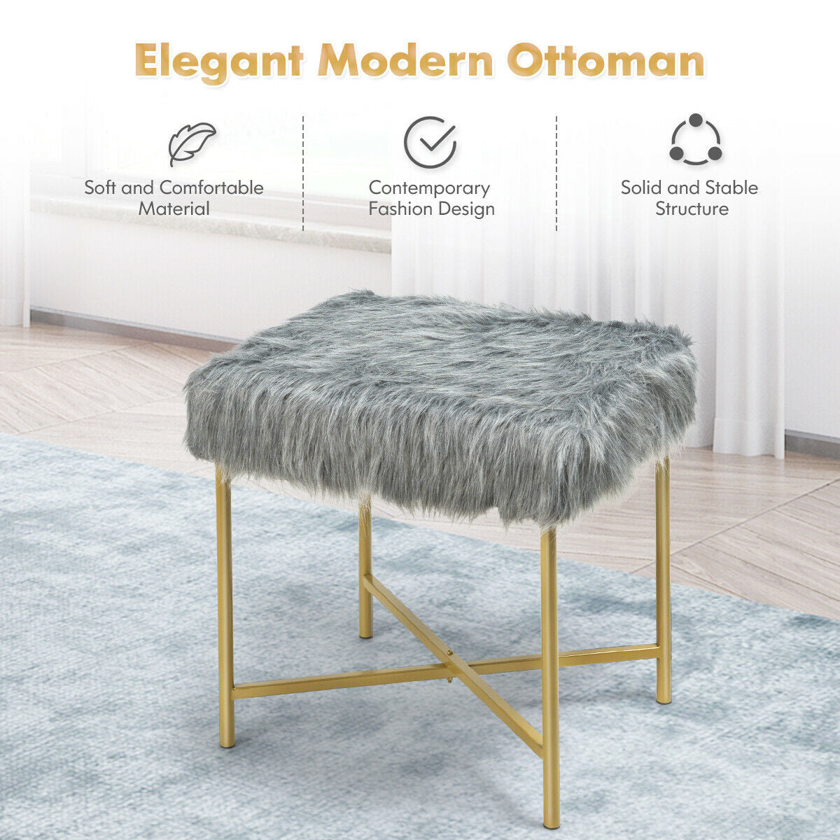 Elegant Ottoman with Gold Metal Legs and Faux Fur Upholstery - Grey