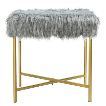 Elegant Ottoman with Gold Metal Legs and Faux Fur Upholstery - Grey