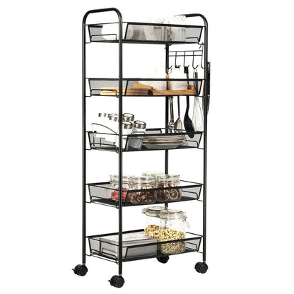 5 Tier Mesh Storage Cart with Wheels and Hooks, Rolling Utility Organizer Basket for Home Office or Kitchen