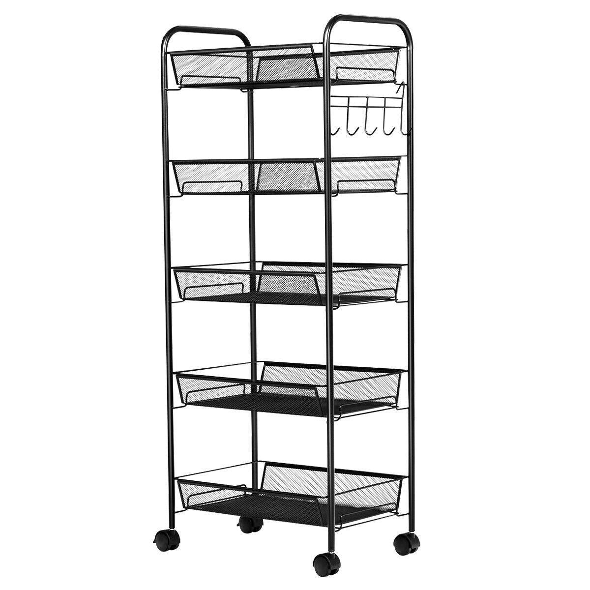5 Tier Mesh Storage Cart with Wheels and Hooks, Rolling Utility Organizer Basket for Home Office or Kitchen