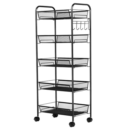 5 Tier Mesh Storage Cart with Wheels and Hooks, Rolling Utility Organizer Basket for Home Office or Kitchen