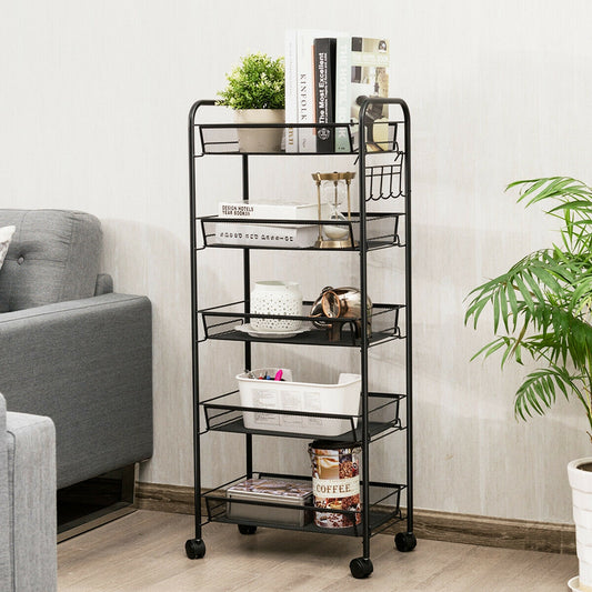 5 Tier Mesh Storage Cart with Wheels and Hooks, Rolling Utility Organizer Basket for Home Office or Kitchen