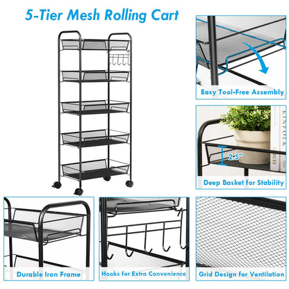5 Tier Mesh Storage Cart with Wheels and Hooks, Rolling Utility Organizer Basket for Home Office or Kitchen