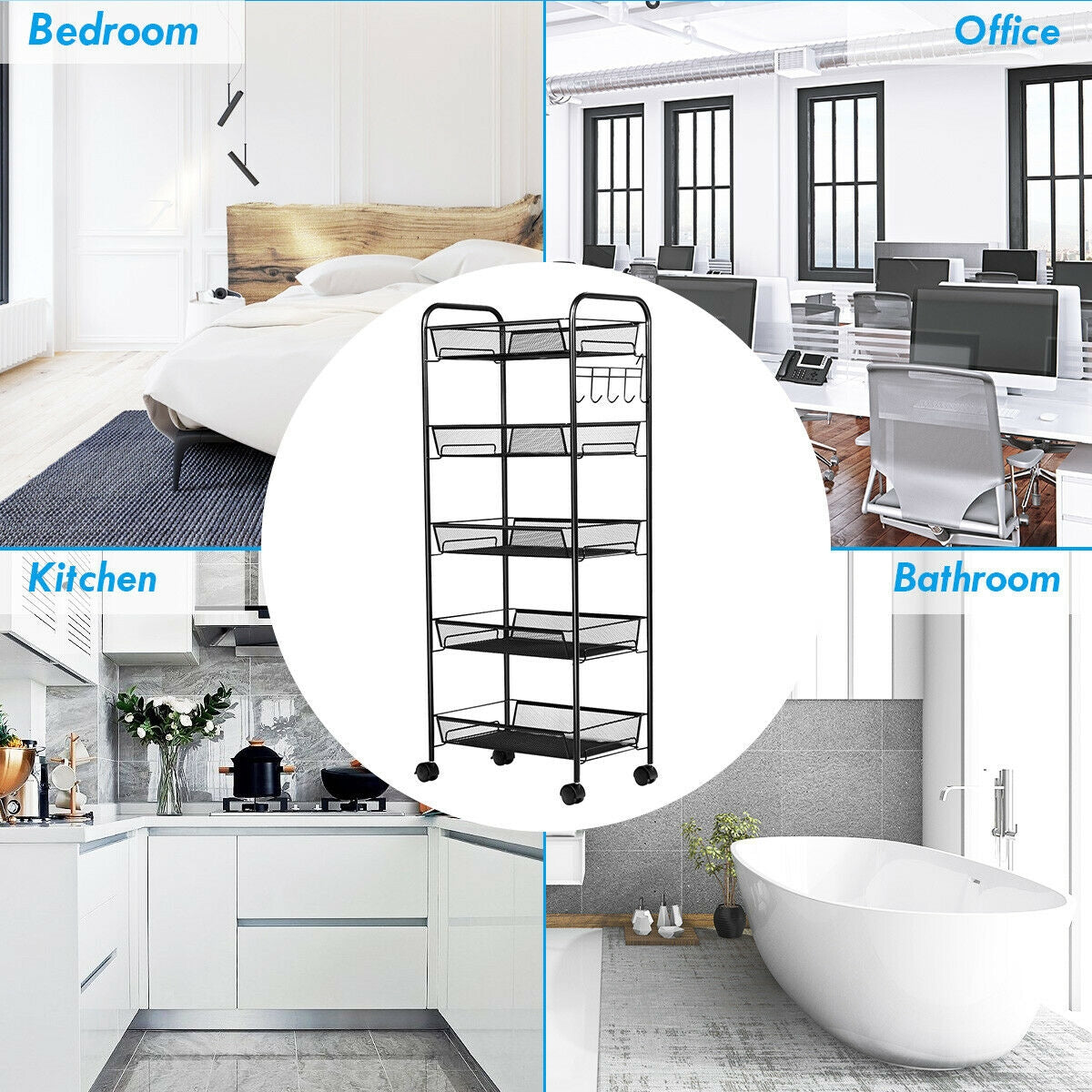 5 Tier Mesh Storage Cart with Wheels and Hooks, Rolling Utility Organizer Basket for Home Office or Kitchen