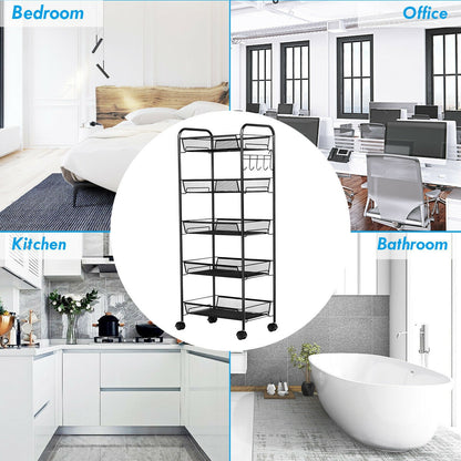 5 Tier Mesh Storage Cart with Wheels and Hooks, Rolling Utility Organizer Basket for Home Office or Kitchen