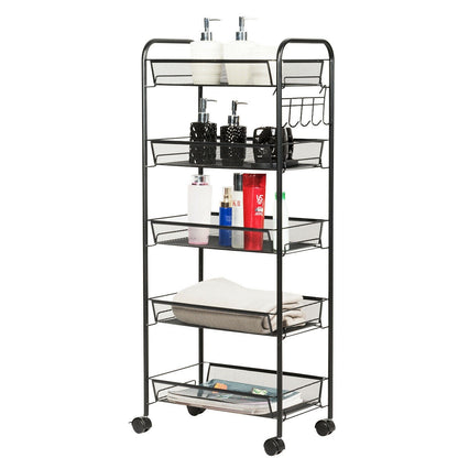 5 Tier Mesh Storage Cart with Wheels and Hooks, Rolling Utility Organizer Basket for Home Office or Kitchen