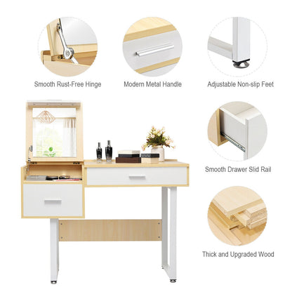 Vanity Table with Flip-Top Mirror, Storage Drawers, and Writing Desk Function