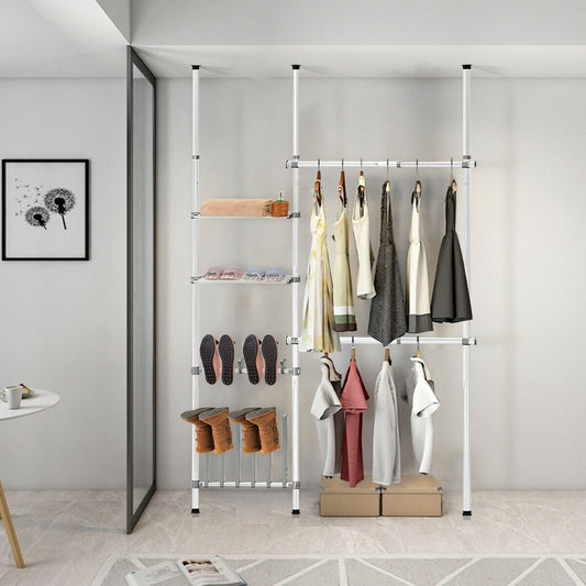 Adjustable 2-Tier Telescopic Garment Rack with Shoe Storage & Shelf – Multi-Functional Clothes Organizer