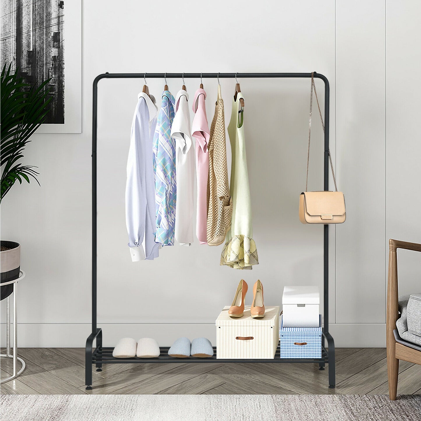 Modern Heavy-Duty Garment Rack with Hanging Bar and Lower Storage Shelf