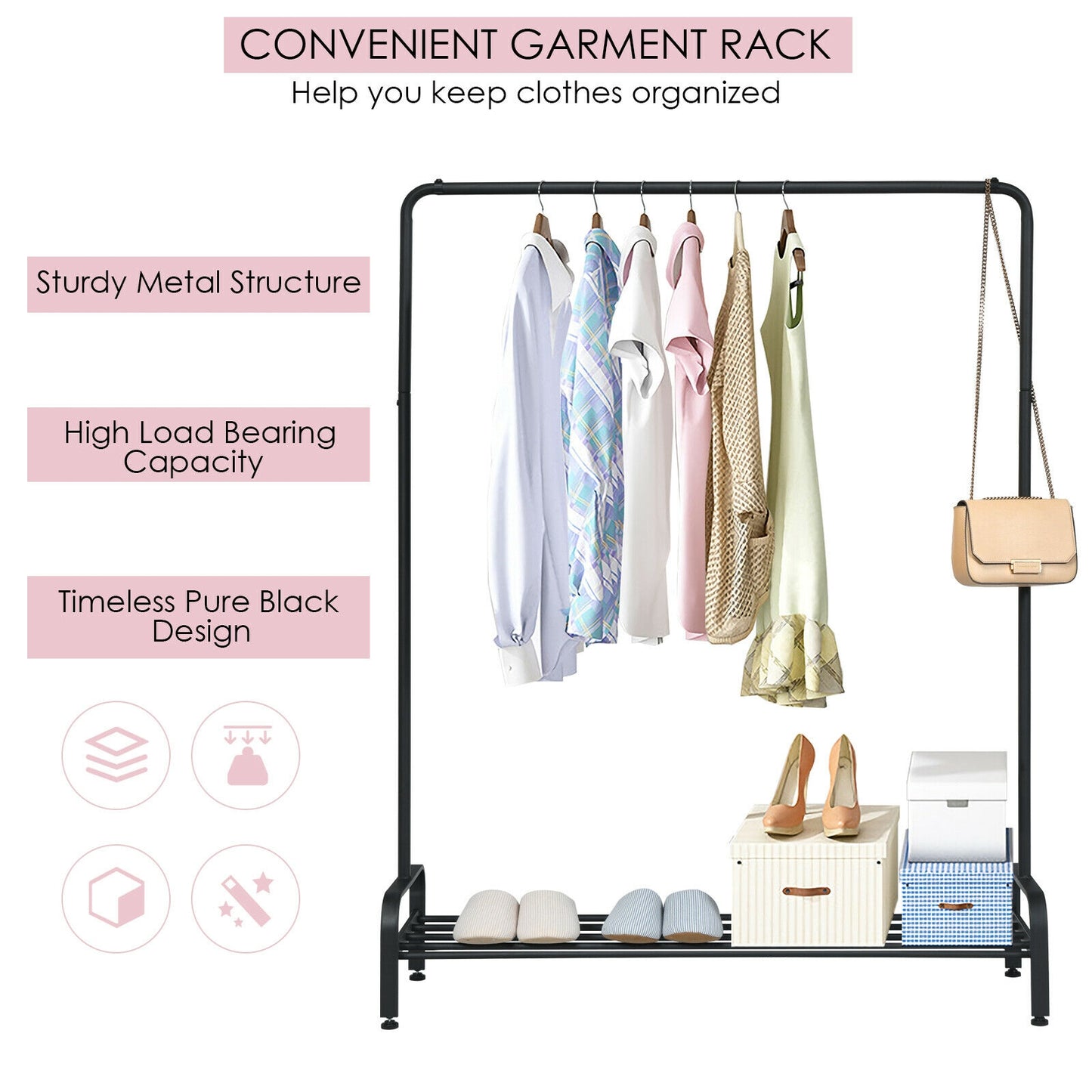 Modern Heavy-Duty Garment Rack with Hanging Bar and Lower Storage Shelf