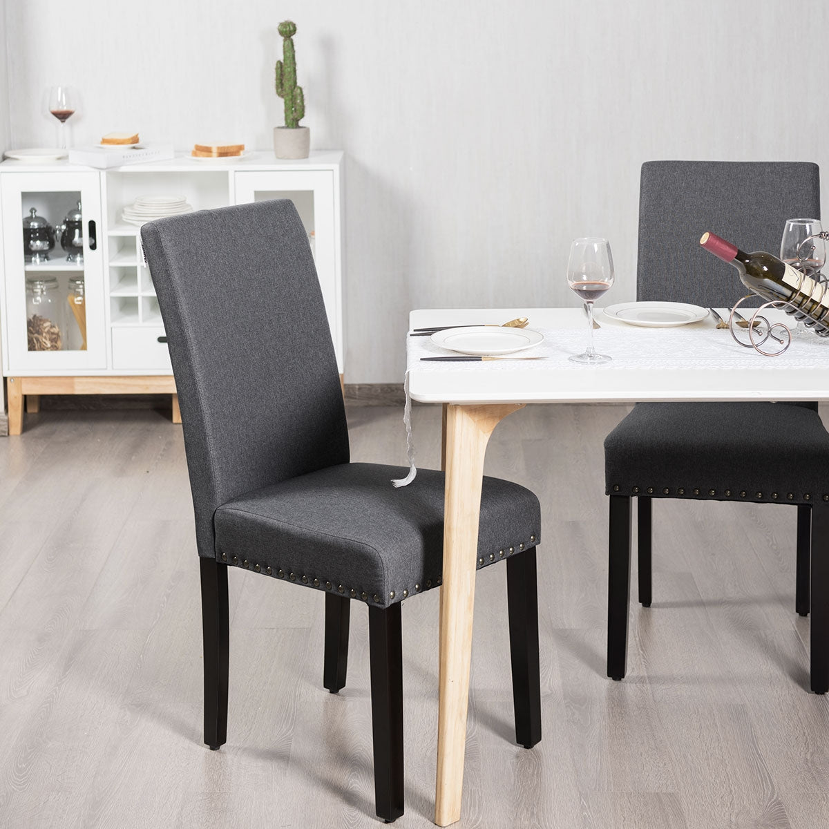 Set of 2 Stylish Upholstered Dining Chairs with Nailhead Accents - Grey