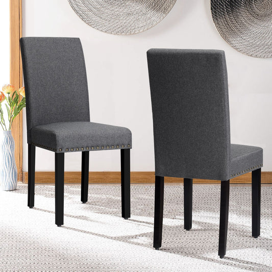 Set of 2 Stylish Upholstered Dining Chairs with Nailhead Accents - Grey