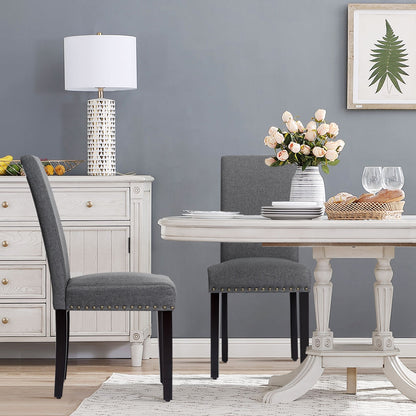 Set of 2 Stylish Upholstered Dining Chairs with Nailhead Accents - Grey