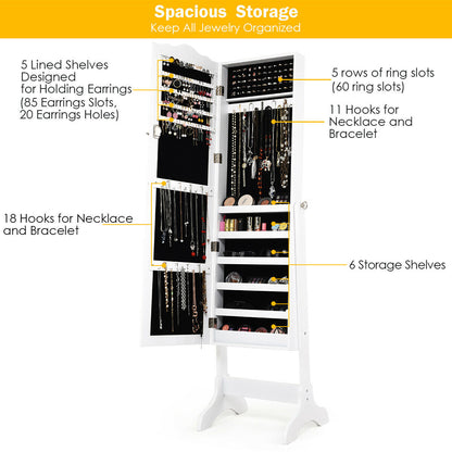 Freestanding Lockable Jewelry Armoire with Full-Length Mirror and Velvet-Lined Storage Organizer – White