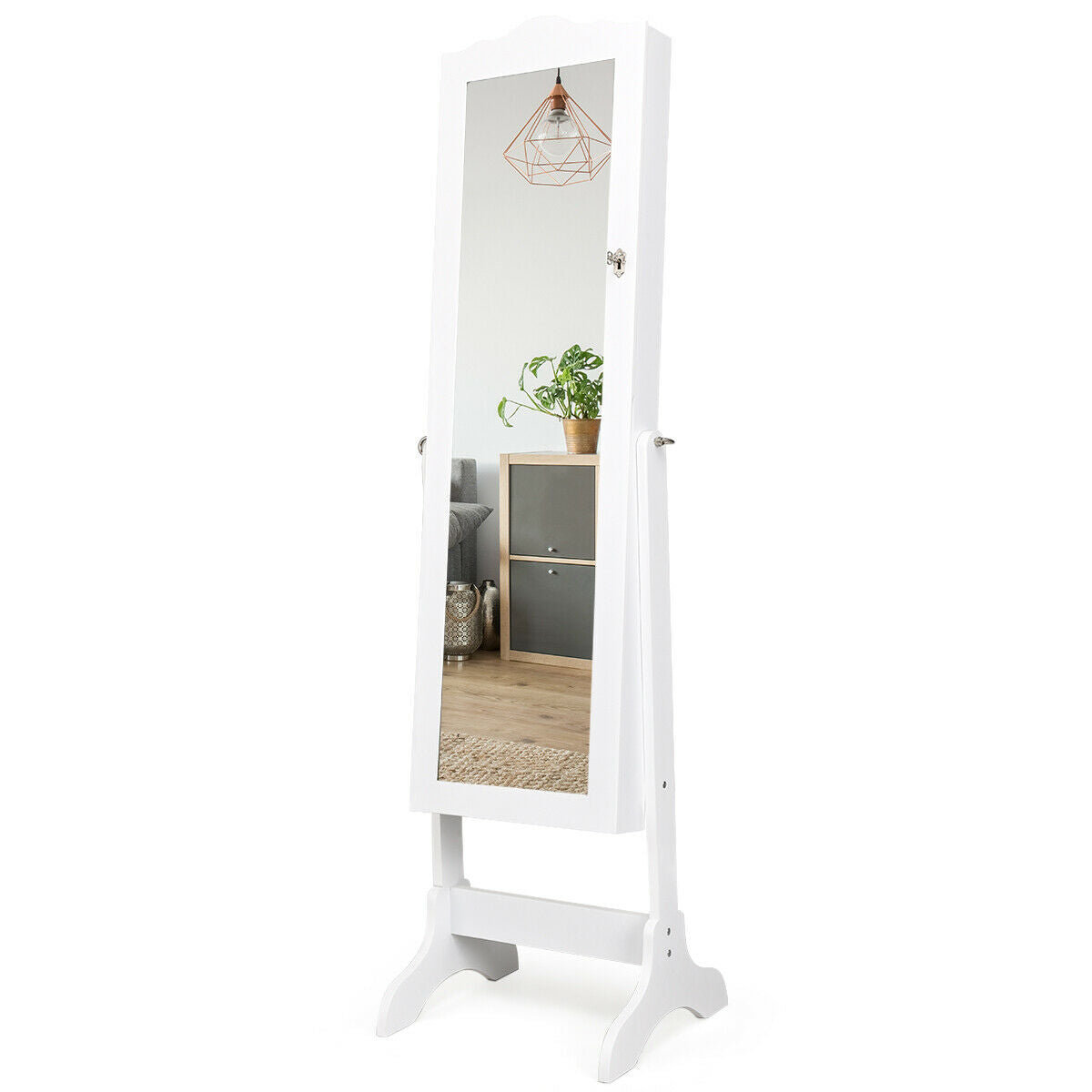 Freestanding Lockable Jewelry Armoire with Full-Length Mirror and Velvet-Lined Storage Organizer – White