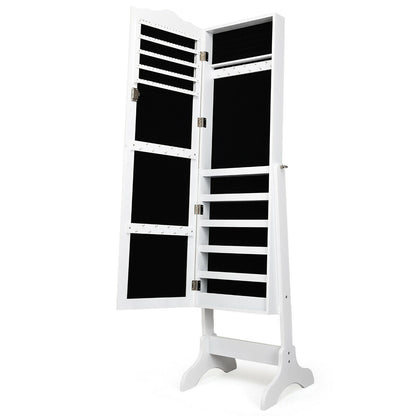 Freestanding Lockable Jewelry Armoire with Full-Length Mirror and Velvet-Lined Storage Organizer – White