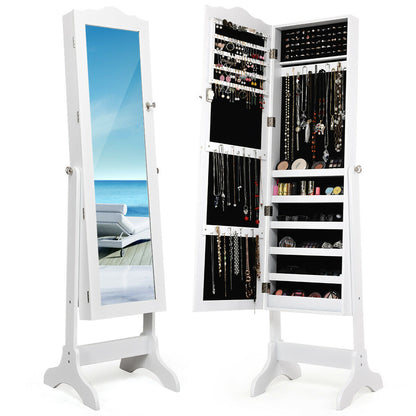Freestanding Lockable Jewelry Armoire with Full-Length Mirror and Velvet-Lined Storage Organizer – White