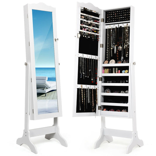 Freestanding Lockable Jewelry Armoire with Full-Length Mirror and Velvet-Lined Storage Organizer – White