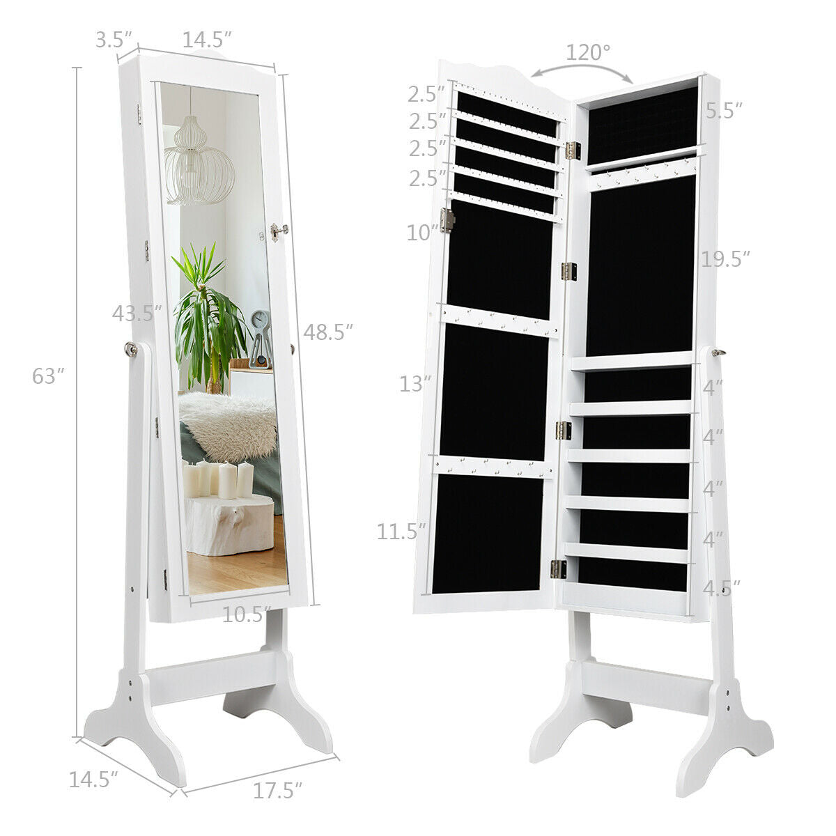 Freestanding Lockable Jewelry Armoire with Full-Length Mirror and Velvet-Lined Storage Organizer – White