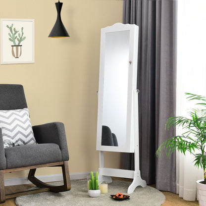 Freestanding Lockable Jewelry Armoire with Full-Length Mirror and Velvet-Lined Storage Organizer – White
