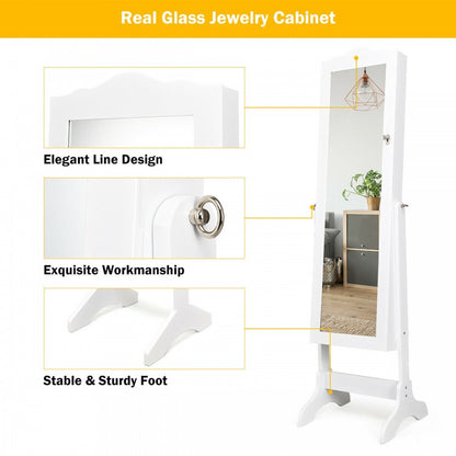 Freestanding Lockable Jewelry Armoire with Full-Length Mirror and Velvet-Lined Storage Organizer – White