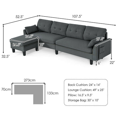 L-Shaped Sectional Sofa with Reversible Ottoman, Linen Upholstery, Storage, and Removable Cushions