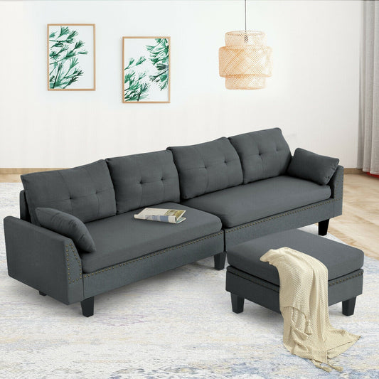L-Shaped Sectional Sofa with Reversible Ottoman, Linen Upholstery, Storage, and Removable Cushions