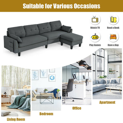 L-Shaped Sectional Sofa with Reversible Ottoman, Linen Upholstery, Storage, and Removable Cushions