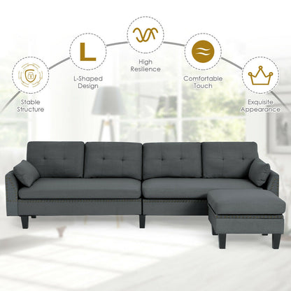 L-Shaped Sectional Sofa with Reversible Ottoman, Linen Upholstery, Storage, and Removable Cushions