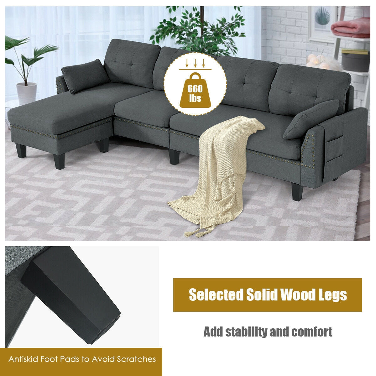 L-Shaped Sectional Sofa with Reversible Ottoman, Linen Upholstery, Storage, and Removable Cushions