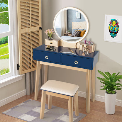 Vanity Set with LED Lighted Mirror, 4 Storage Drawers, Jewelry Organizer, and Cushioned Stool – Blue
