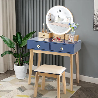 Vanity Set with LED Lighted Mirror, 4 Storage Drawers, Jewelry Organizer, and Cushioned Stool – Blue