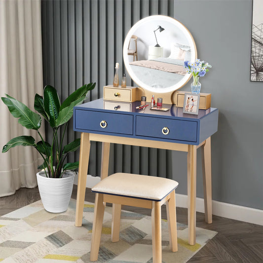 Vanity Set with LED Lighted Mirror, 4 Storage Drawers, Jewelry Organizer, and Cushioned Stool – Blue