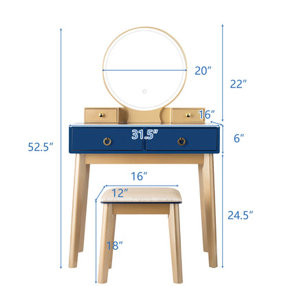 Vanity Set with LED Lighted Mirror, 4 Storage Drawers, Jewelry Organizer, and Cushioned Stool – Blue