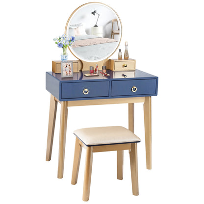 Vanity Set with LED Lighted Mirror, 4 Storage Drawers, Jewelry Organizer, and Cushioned Stool – Blue