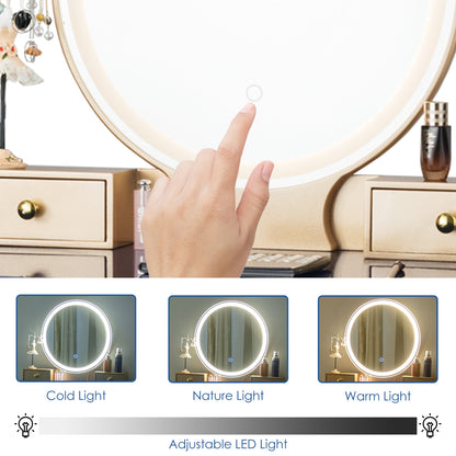 Vanity Set with LED Lighted Mirror, 4 Storage Drawers, Jewelry Organizer, and Cushioned Stool – Blue
