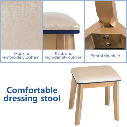 Vanity Set with LED Lighted Mirror, 4 Storage Drawers, Jewelry Organizer, and Cushioned Stool – Blue