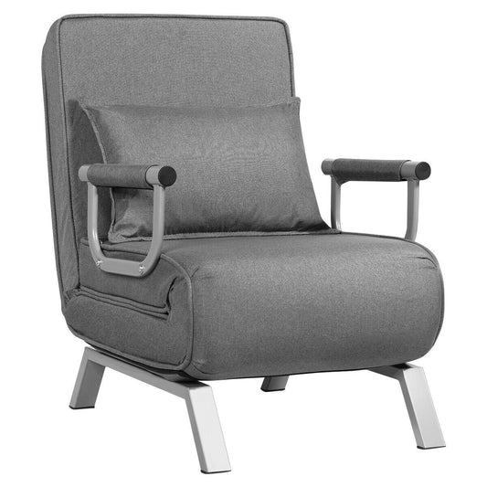 6 Position Folding Sleeper Armchair with Pillow and Sturdy Metal Frame in Grey