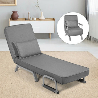 6 Position Folding Sleeper Armchair with Pillow and Sturdy Metal Frame in Grey