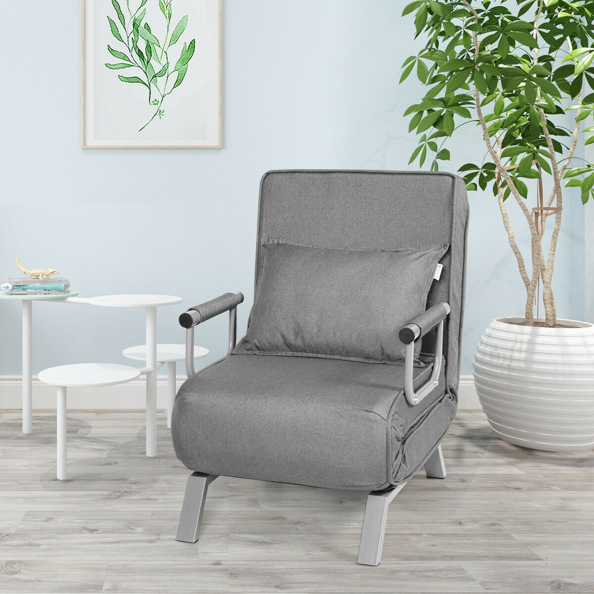 6 Position Folding Sleeper Armchair with Pillow and Sturdy Metal Frame in Grey