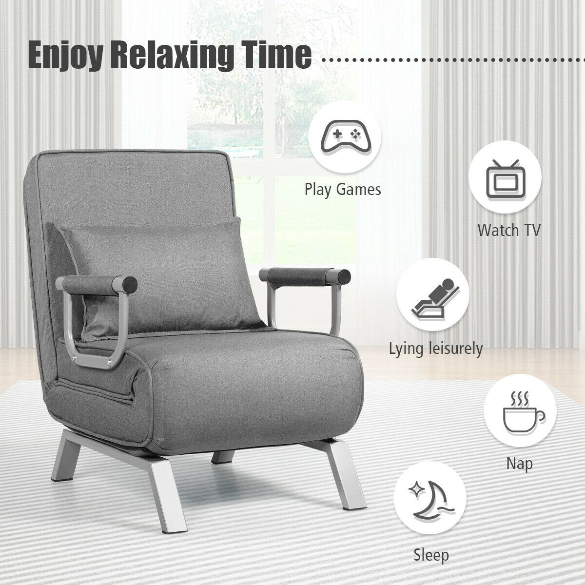 6 Position Folding Sleeper Armchair with Pillow and Sturdy Metal Frame in Grey