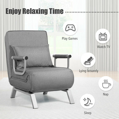 6 Position Folding Sleeper Armchair with Pillow and Sturdy Metal Frame in Grey