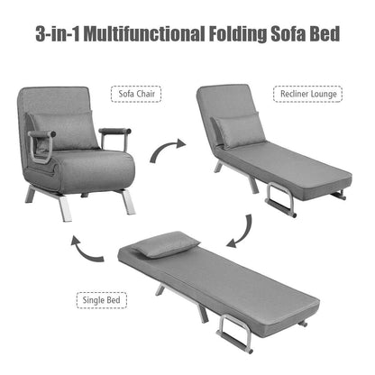 6 Position Folding Sleeper Armchair with Pillow and Sturdy Metal Frame in Grey