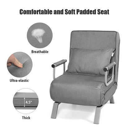 6 Position Folding Sleeper Armchair with Pillow and Sturdy Metal Frame in Grey