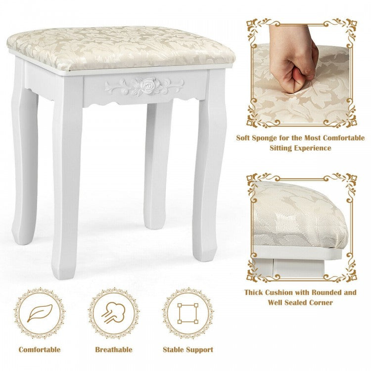 Vanity Set with 360° Rotating Mirror, LED Lights, Storage Drawers, and Cushioned Stool – White