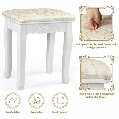 Vanity Set with 360° Rotating Mirror, LED Lights, Storage Drawers, and Cushioned Stool – White