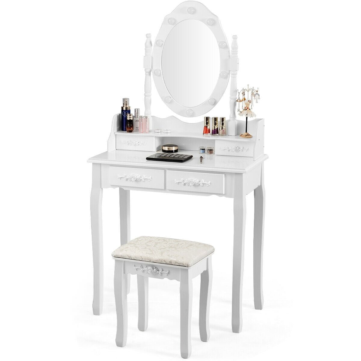 Vanity Set with 360° Rotating Mirror, LED Lights, Storage Drawers, and Cushioned Stool – White
